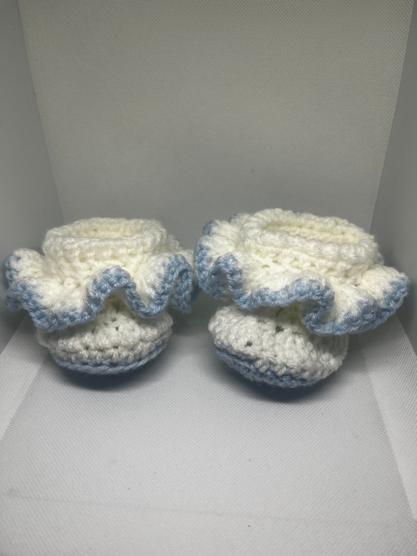 White & Baby Blue Ruffle Baby Booties