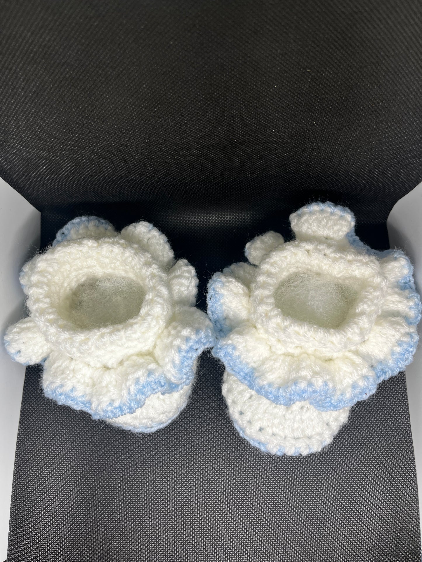 White & Baby Blue Ruffle Baby Booties