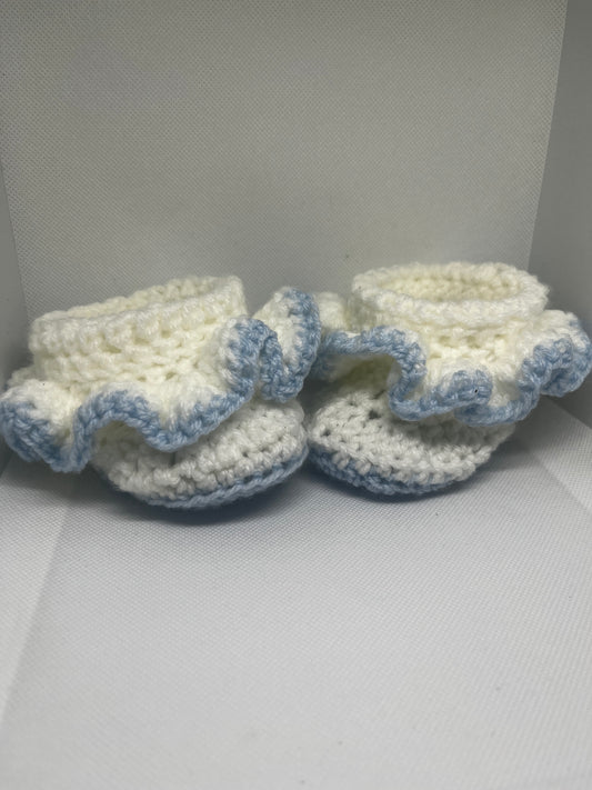 White & Baby Blue Ruffle Baby Booties